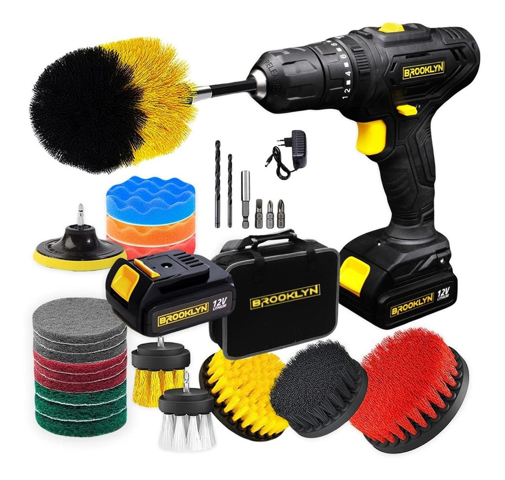 Kit Taladro Percutor Inalambrico 12v + 20 Cepillos Limpieza
